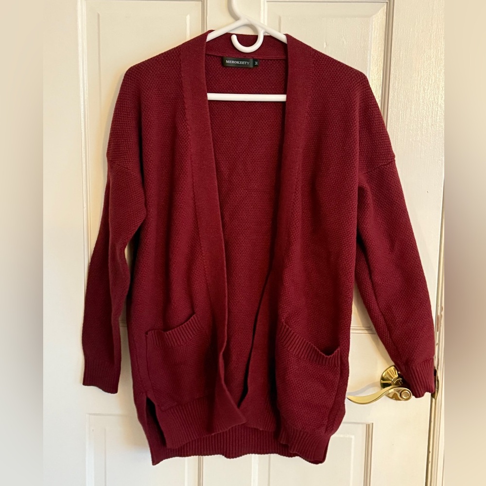 Merokeety Open-Front Pocket Cardigan - Wine